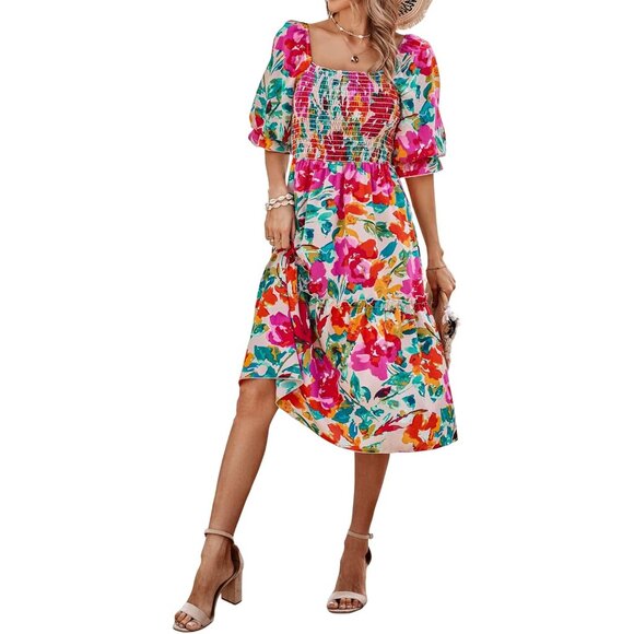 Women's Floral Summer Dress Polyester Puff Sleeve Square Neck Casual Midi - Picture 1 of 6